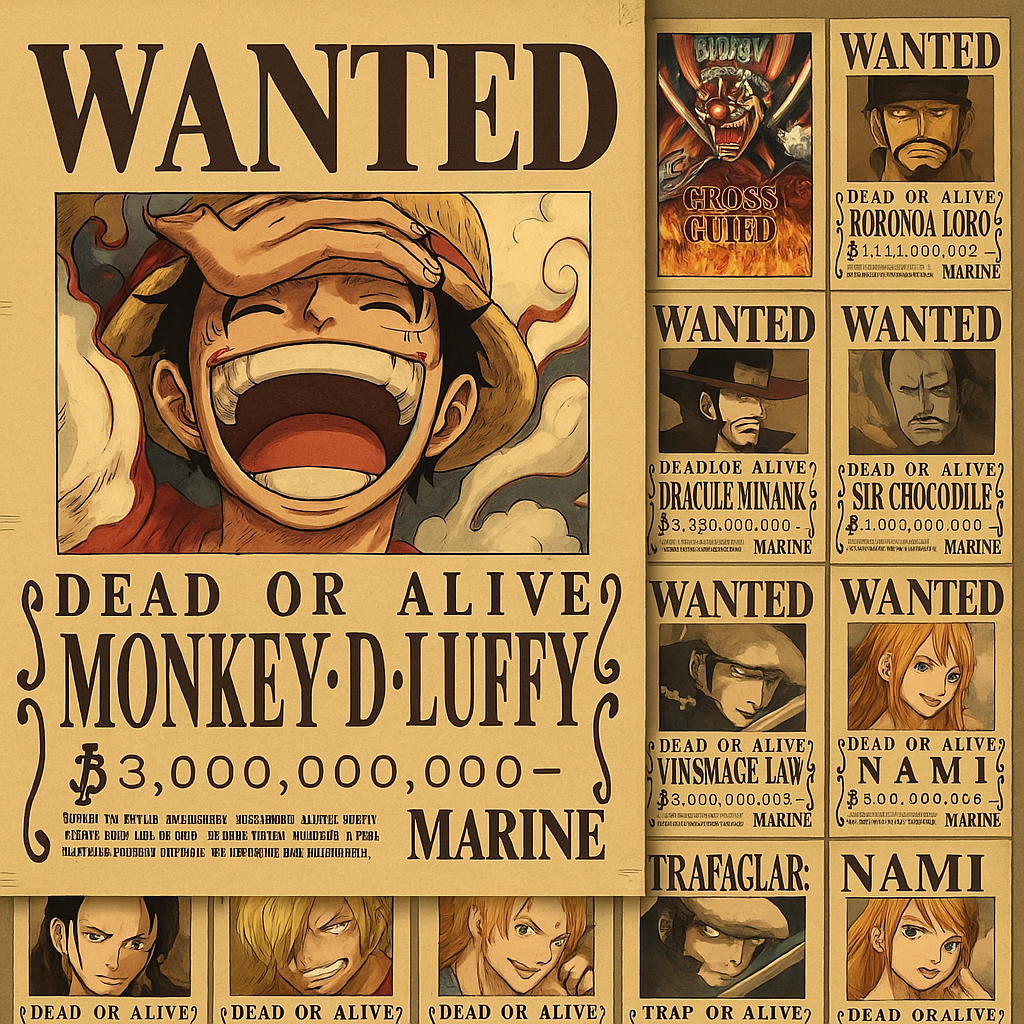 One Piece Wanted Poster Collection – Luffy, Zoro, Law & More