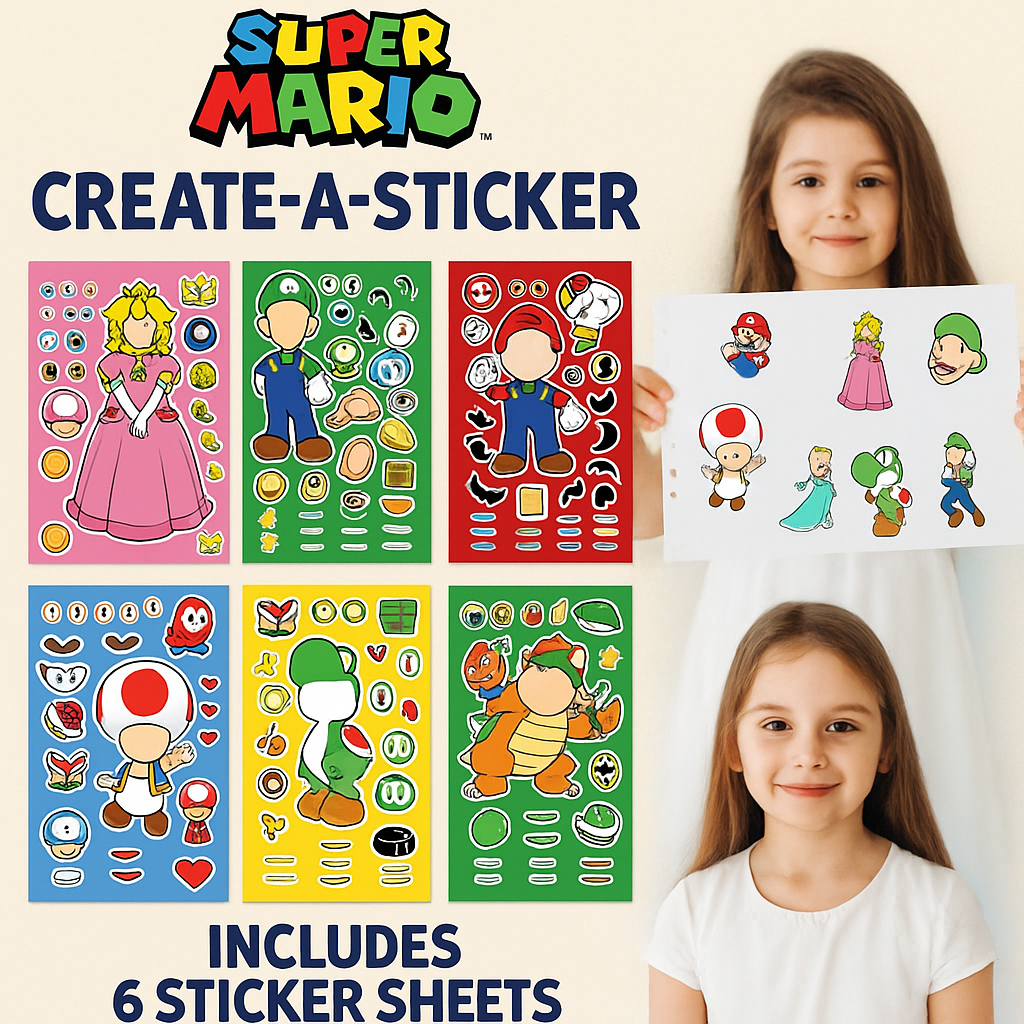 Super Mario Create-A-Sticker Set – 8 Sheets DIY Art & Craft Kit (30x35cm)