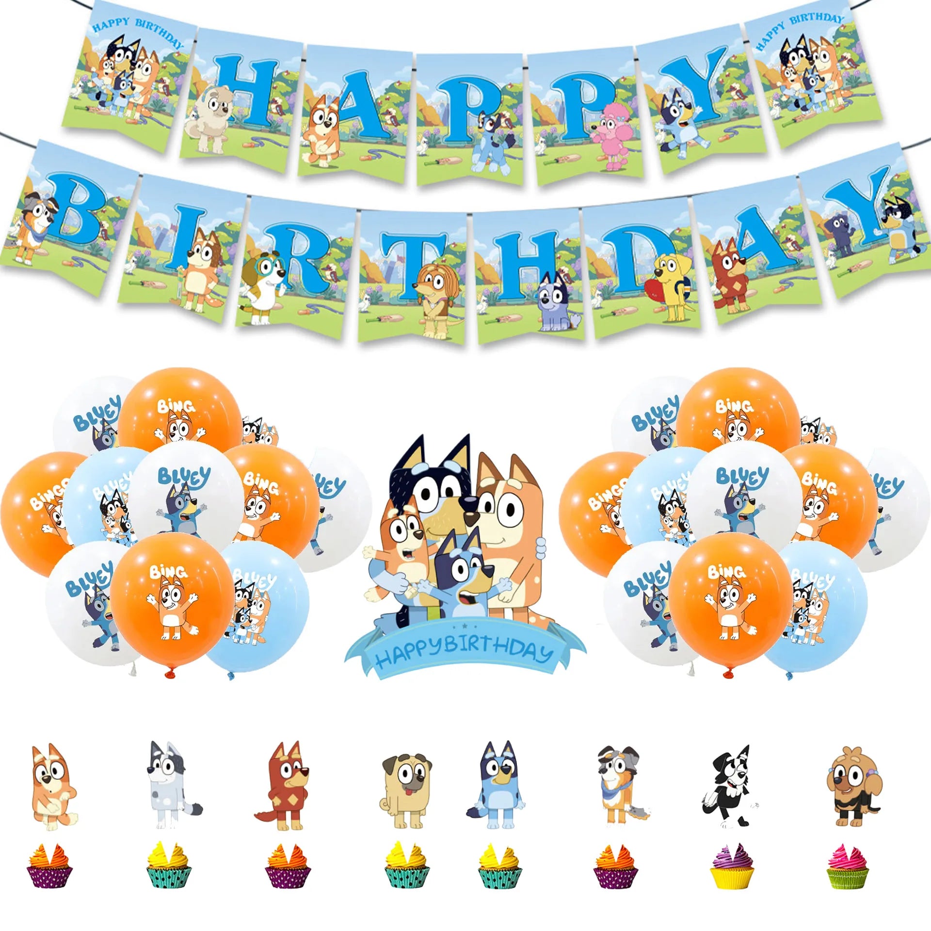 Bluey Birthday Party Decoration Set – Banner, Balloons & Cake Toppers