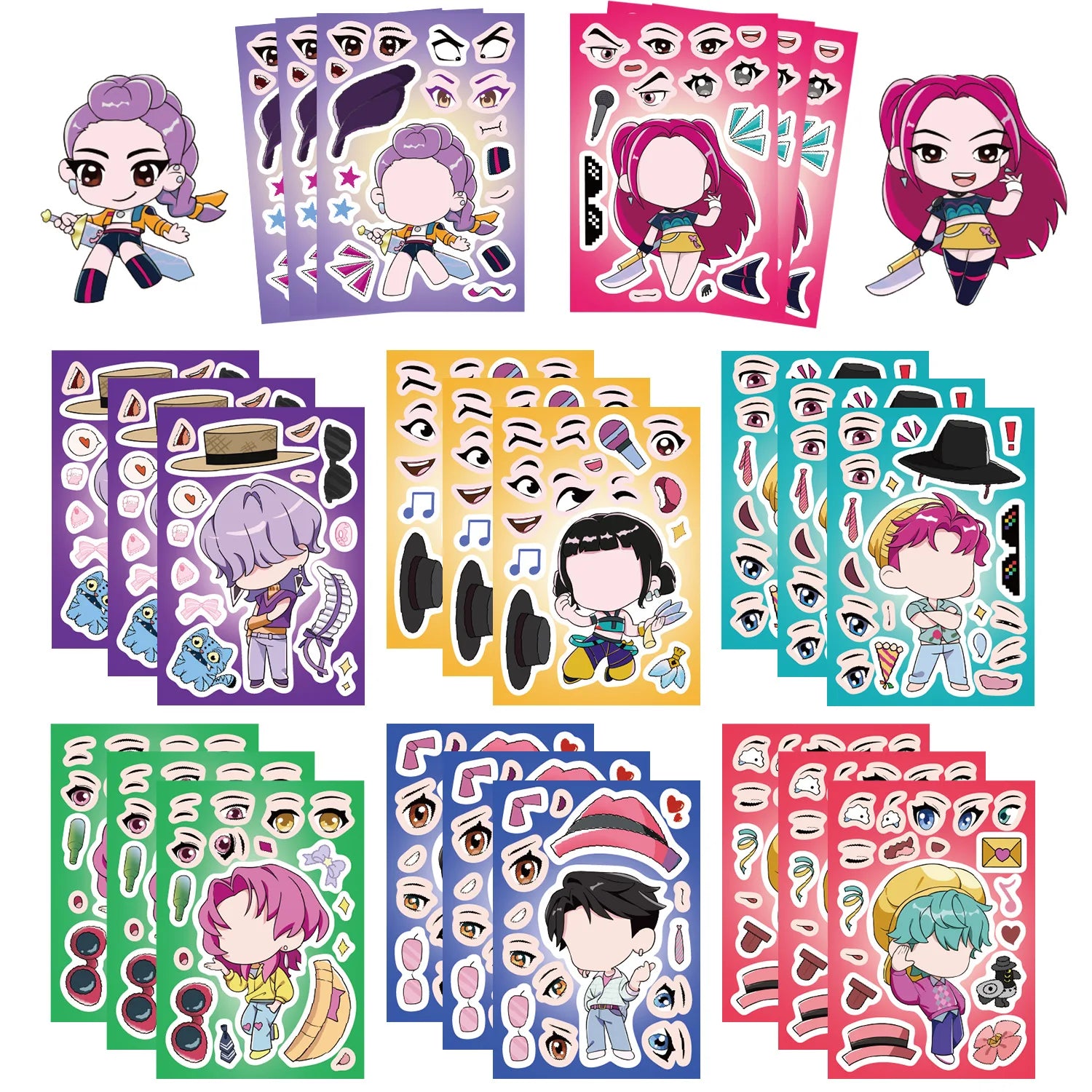 K-Pop Demon Hunters Dress-Up Character Stickers – 8 Piece Set (DIY Face & Outfit Sheets)