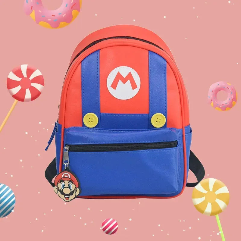 Super Mario Kids Backpack โ Red and Blue PU Leather School Bag (28cm)