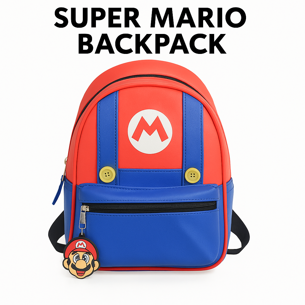 Super Mario Kids Backpack – Red and Blue PU Leather School Bag (28cm)