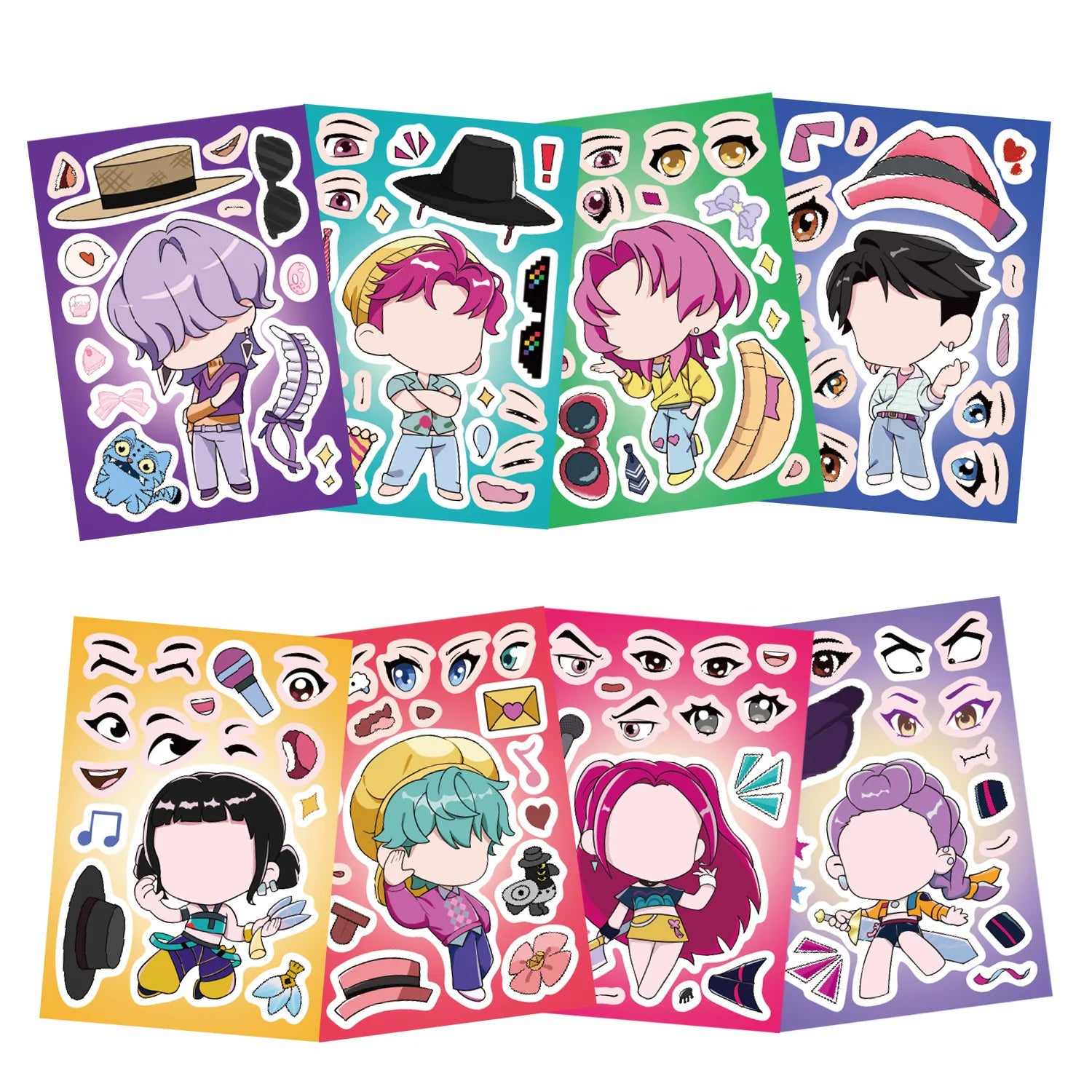 K-Pop Demon Hunters Dress-Up Character Stickers – 8 Piece Set (DIY Face & Outfit Sheets)