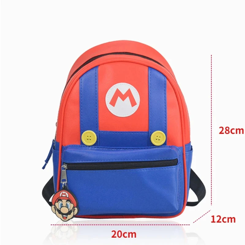 Super Mario Kids Backpack – Red and Blue PU Leather School Bag (28cm)