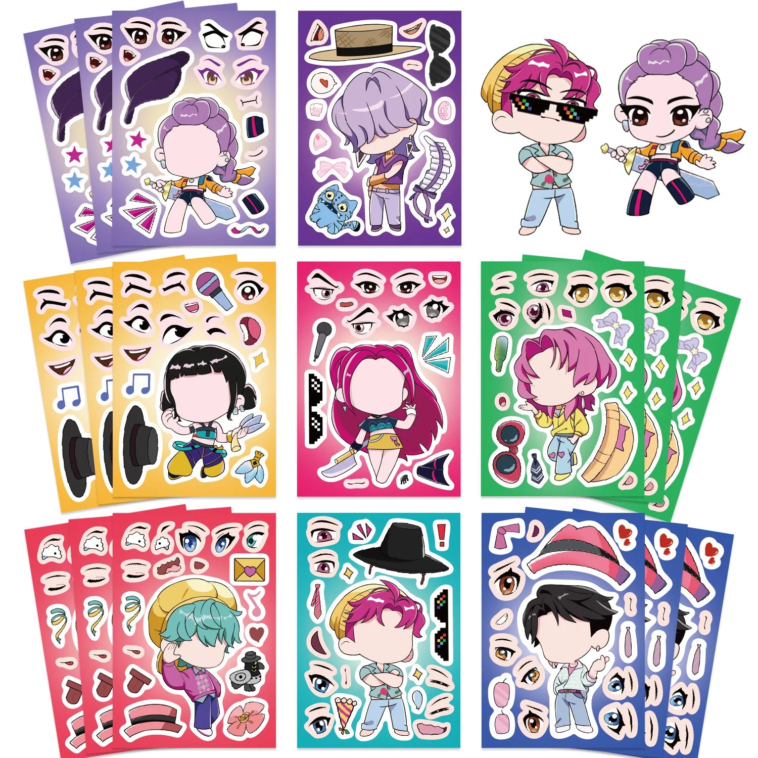 K-Pop Demon Hunters Dress-Up Character Stickers – 8 Piece Set (DIY Face & Outfit Sheets)