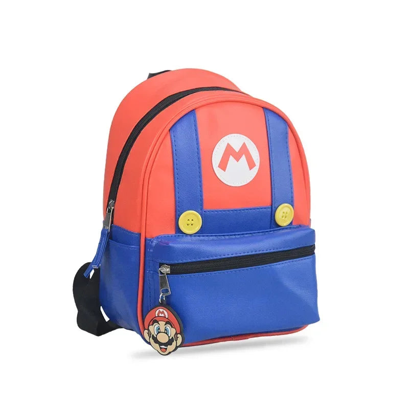 Super Mario Kids Backpack – Red and Blue PU Leather School Bag (28cm)