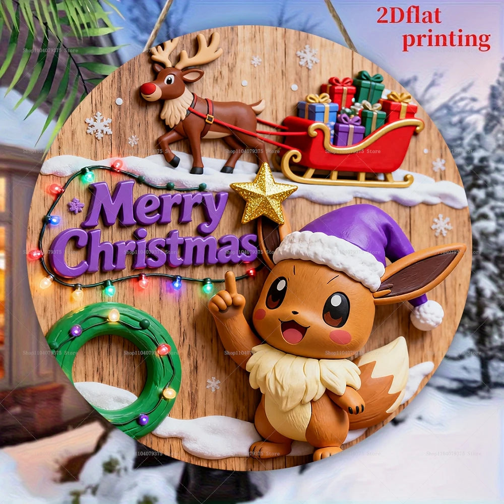 Christmas Pokémon Wooden Hanging Plaque – 20cm Festive Wall Decor