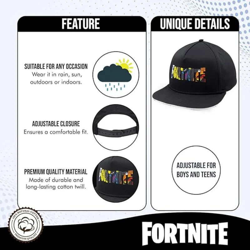Fortnite Adjustable Snapback Cap – Black Cotton Hat for Boys & Teens