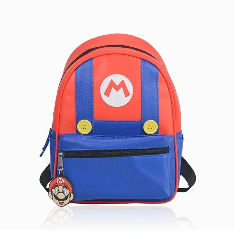 Super Mario Kids Backpack – Red and Blue PU Leather School Bag (28cm)
