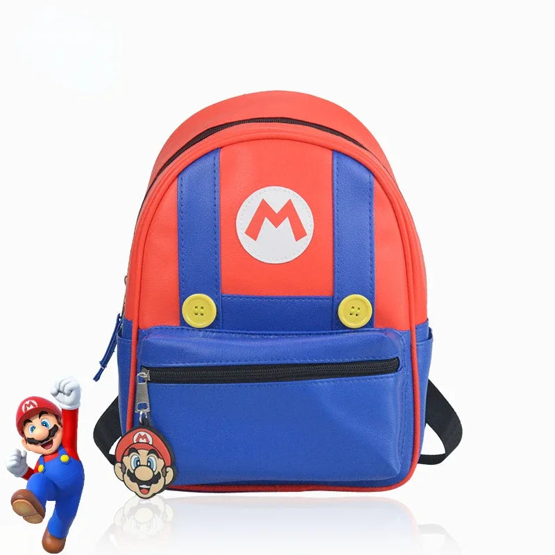 Super Mario Kids Backpack – Red and Blue PU Leather School Bag (28cm)