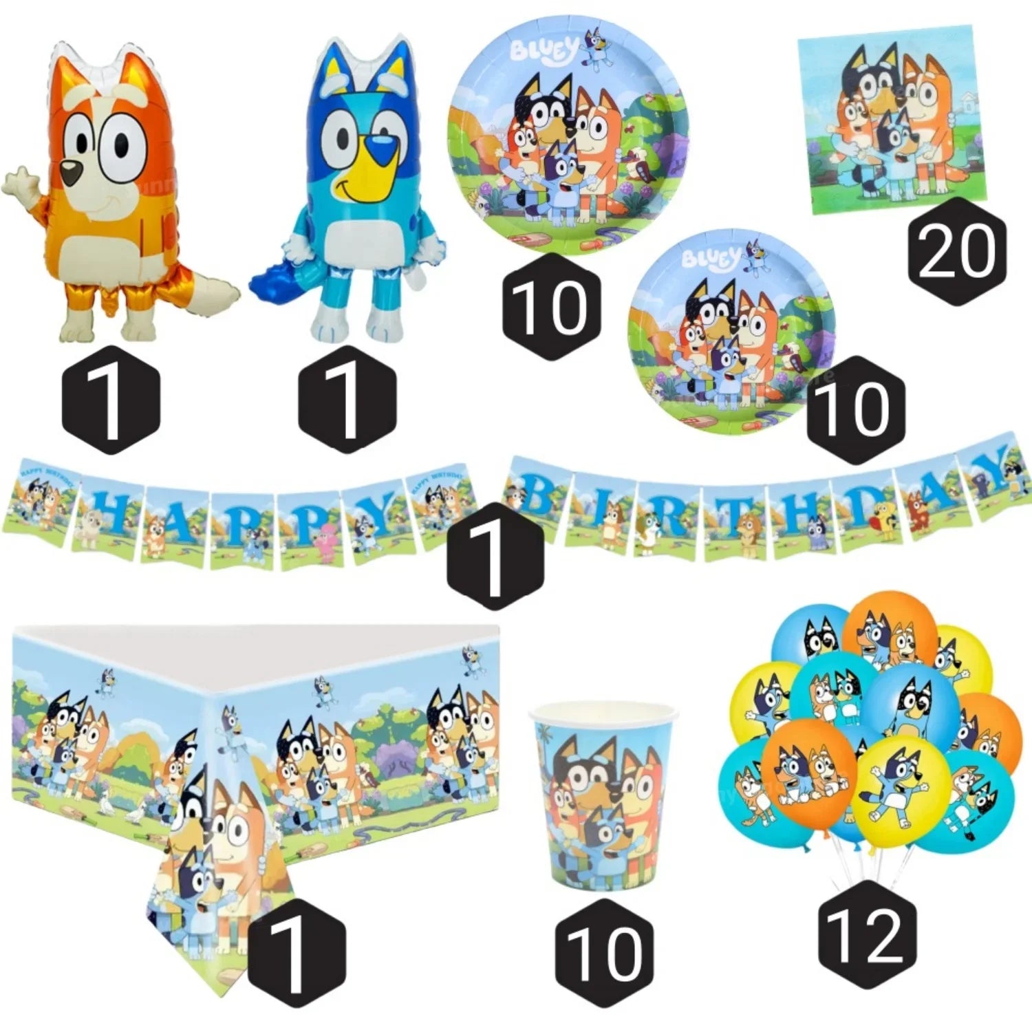 Bluey Birthday Party Decoration Kit – Complete Tableware & Balloon Set (Serves 10)
